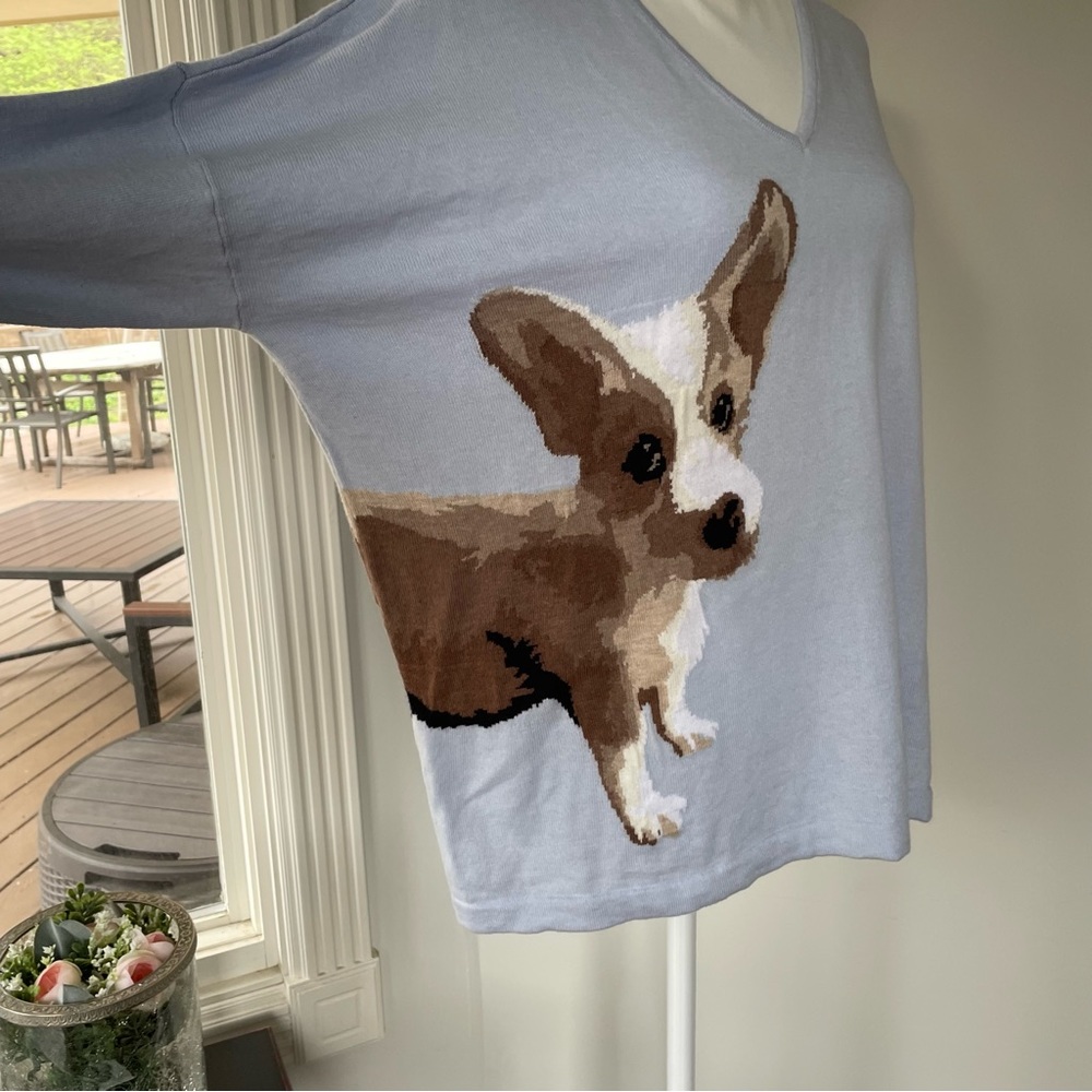 J. JILL Puppy V Neck 3/4 Sleeve Novelty Sweater Boxy OverSize Fine Gauge Knit
